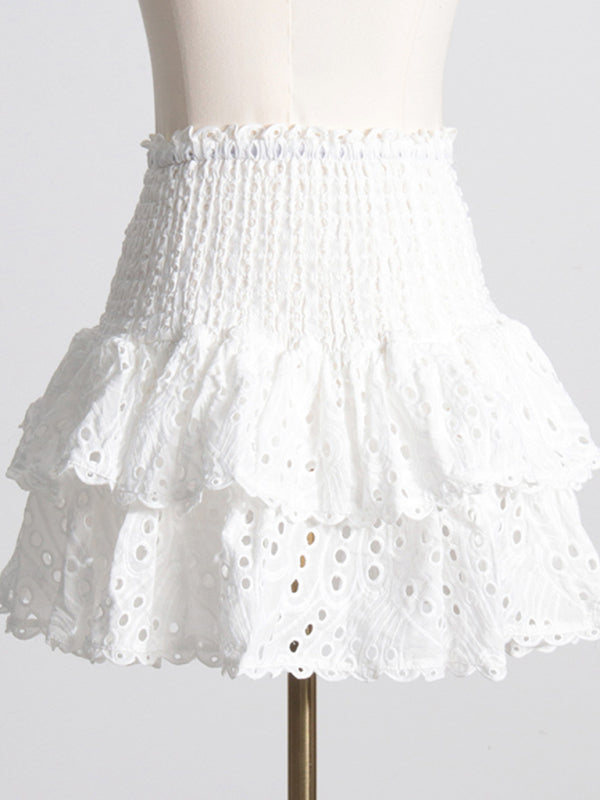 French-style ear-hemmed short top, high-waisted cake layer skirt, sexy two-piece suit kakaclo