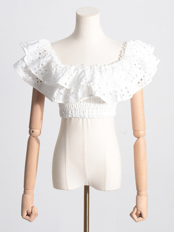 French-style ear-hemmed short top, high-waisted cake layer skirt, sexy two-piece suit kakaclo