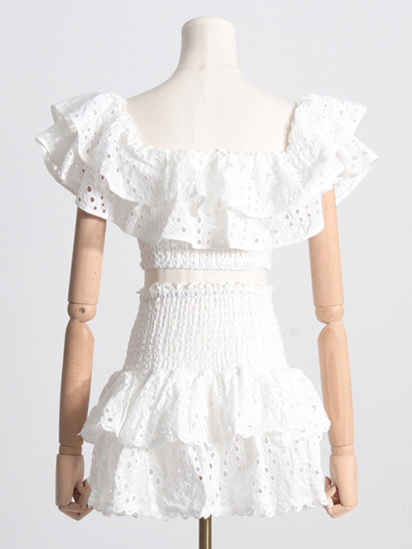 French-style ear-hemmed short top, high-waisted cake layer skirt, sexy two-piece suit kakaclo