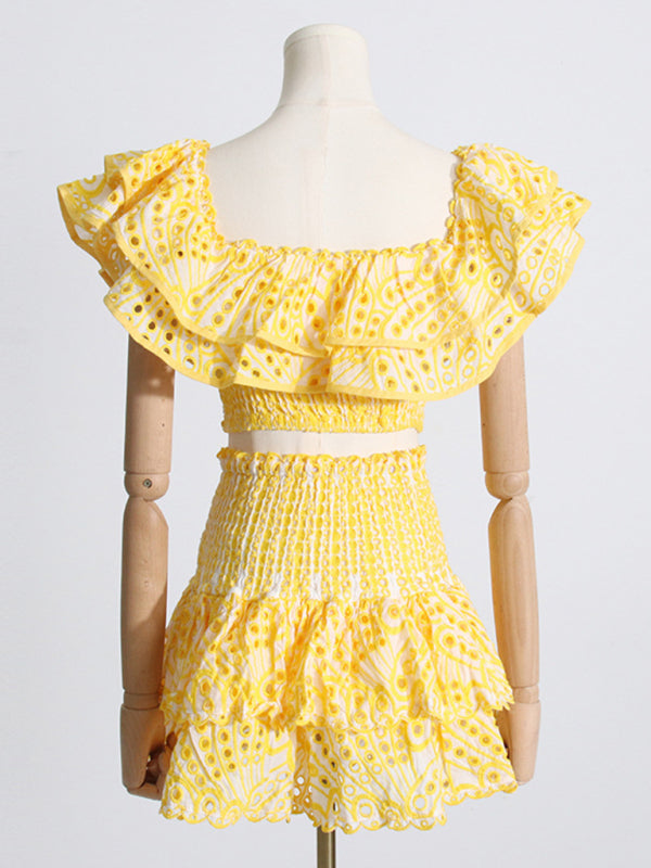 French-style ear-hemmed short top, high-waisted cake layer skirt, sexy two-piece suit kakaclo