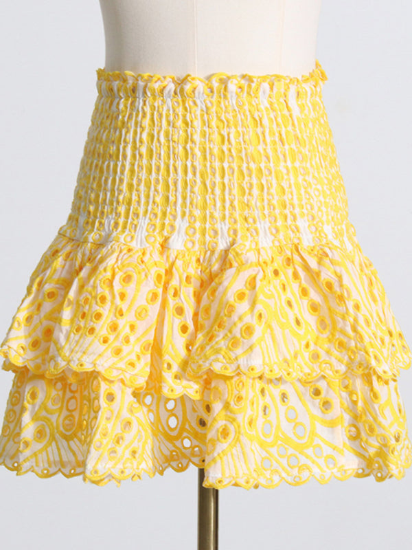 French-style ear-hemmed short top, high-waisted cake layer skirt, sexy two-piece suit kakaclo