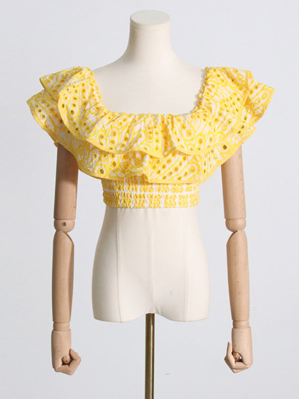 French-style ear-hemmed short top, high-waisted cake layer skirt, sexy two-piece suit kakaclo