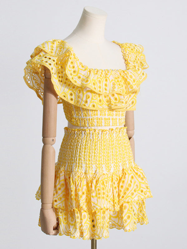 French-style ear-hemmed short top, high-waisted cake layer skirt, sexy two-piece suit kakaclo