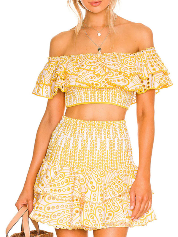 French-style ear-hemmed short top, high-waisted cake layer skirt, sexy two-piece suit kakaclo