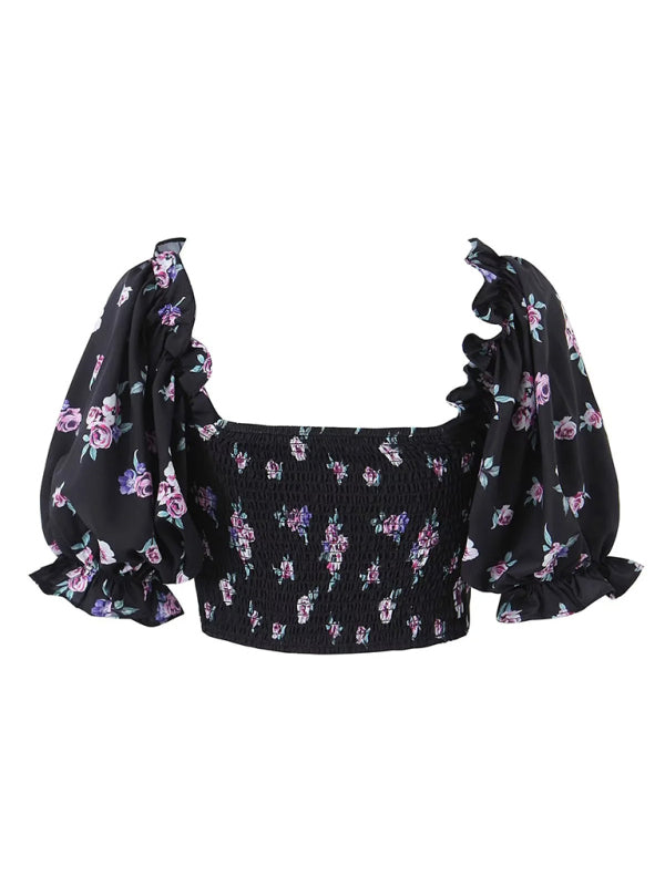 White Floral Puff Sleeve High Waist Top + Skirt Set kakaclo