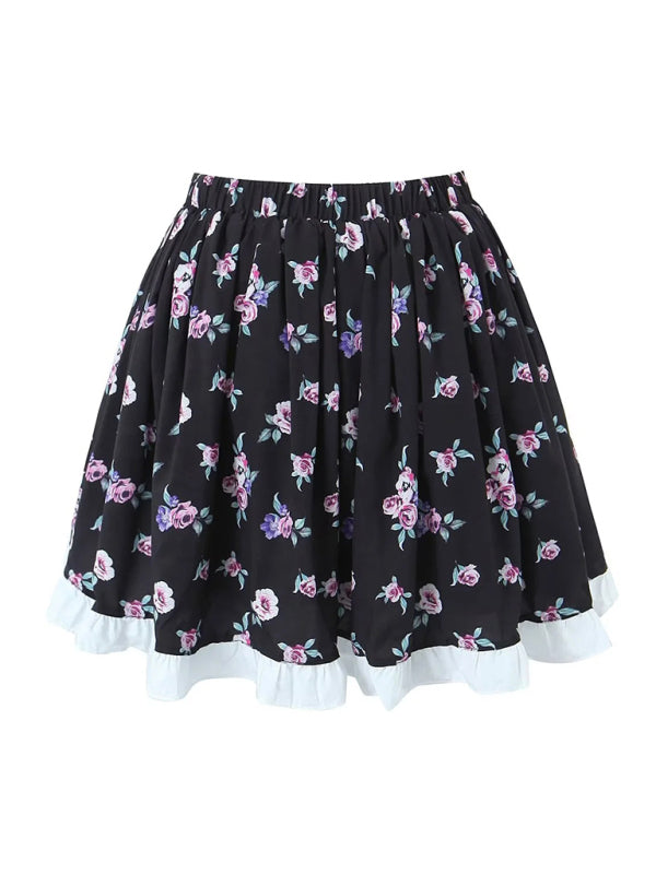 White Floral Puff Sleeve High Waist Top + Skirt Set kakaclo
