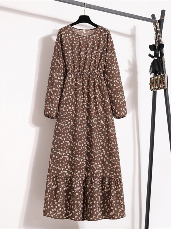 Long sleeve round neck waist slimming floral chiffon long dress BLUE ZONE PLANET
