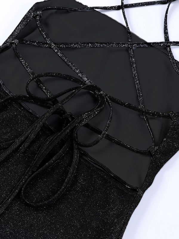 and knitted backless spaghetti strap short hip-covering skirt dress BLUE ZONE PLANET