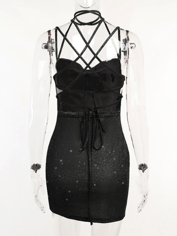 and knitted backless spaghetti strap short hip-covering skirt dress BLUE ZONE PLANET