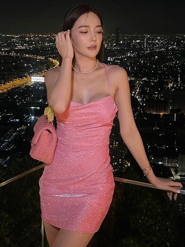 Sophia's Glitter Knitted Backless Spaghetti Strap Mini Bodycon Dress Blue Zone Planet Sophia's Glitter Knitted Backless Spaghetti Strap Mini Bodycon Dress Blue Zone Planet