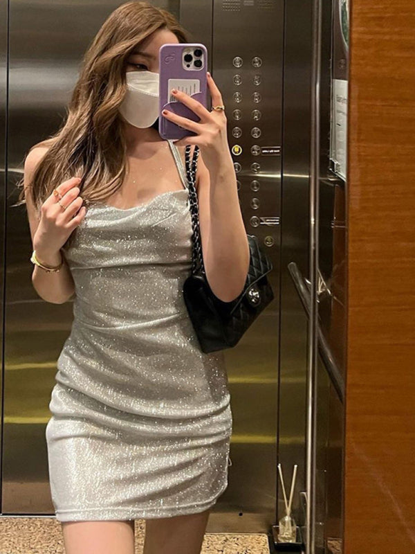 and knitted backless spaghetti strap short hip-covering skirt dress BLUE ZONE PLANET