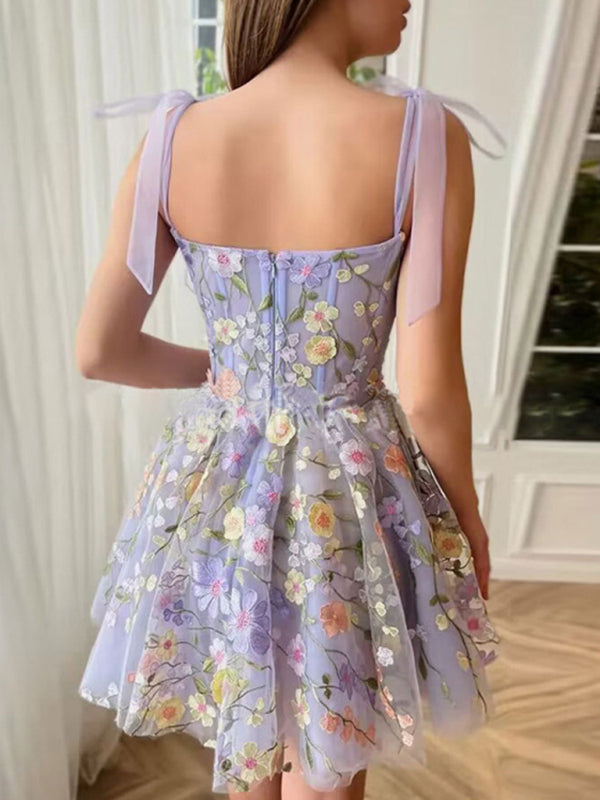 fashion three-dimensional flower embroidery hip-hugging spaghetti strap dress BLUE ZONE PLANET