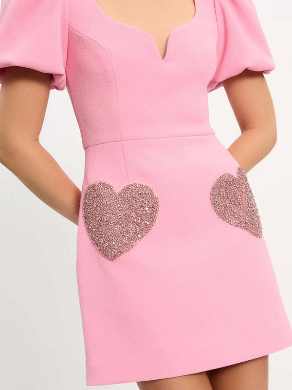 V-neck sweet puff sleeve sequin dress BLUE ZONE PLANET
