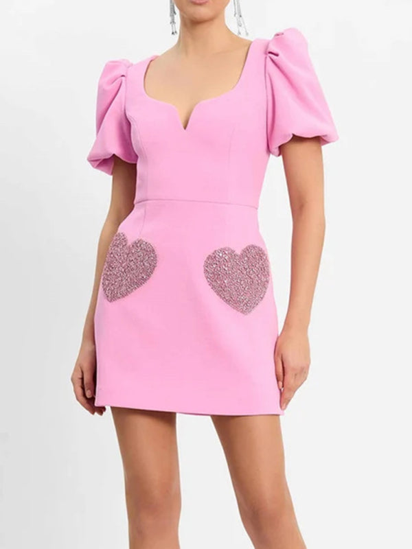 V-neck sweet puff sleeve sequin dress BLUE ZONE PLANET
