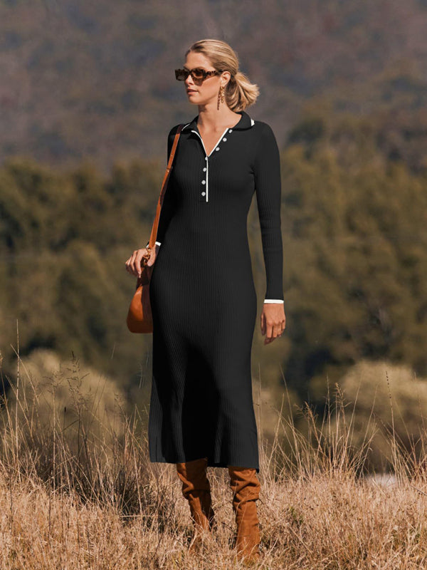 lapel knitted slim fit hip-hugging long-sleeved dress BLUE ZONE PLANET