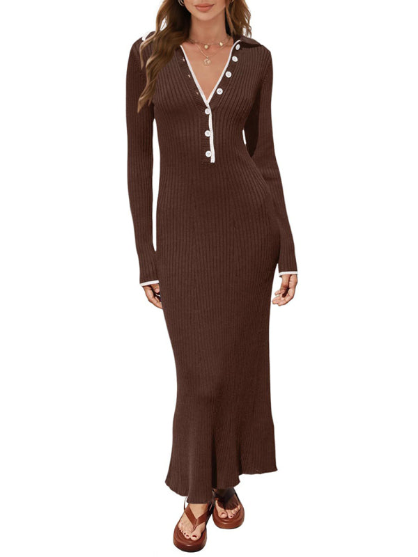lapel knitted slim fit hip-hugging long-sleeved dress BLUE ZONE PLANET