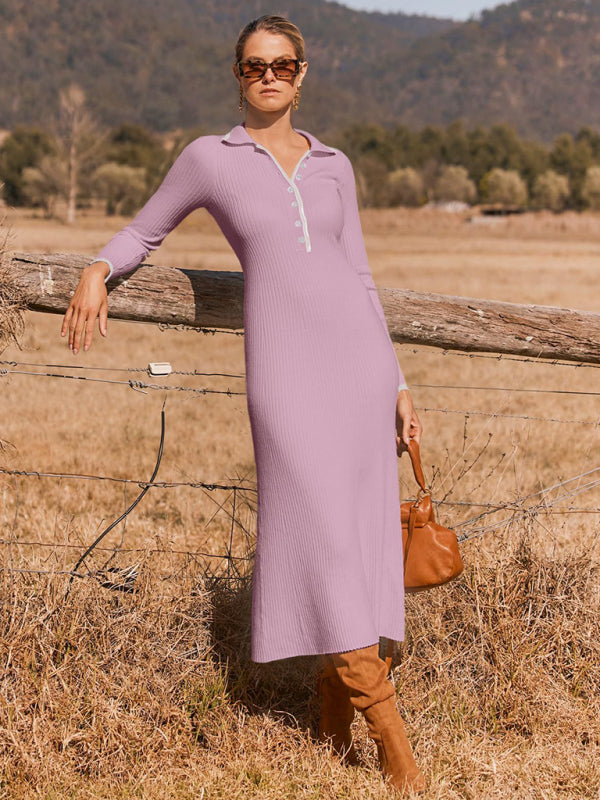 lapel knitted slim fit hip-hugging long-sleeved dress BLUE ZONE PLANET