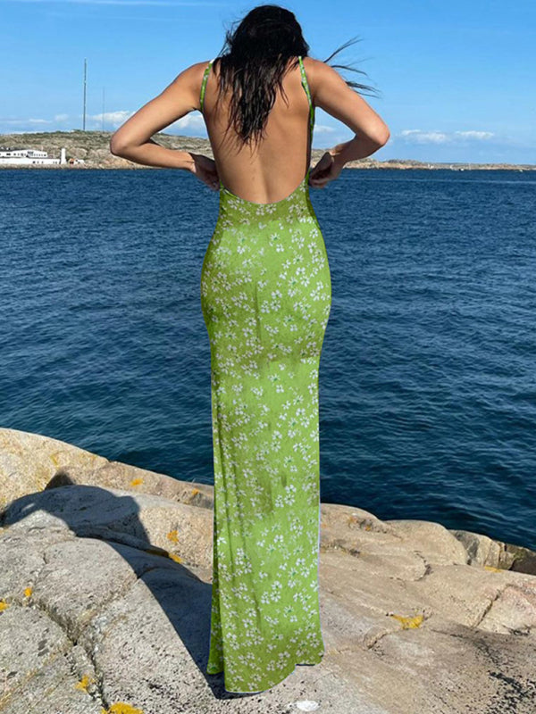 slim fit backless spaghetti strap floral skirt BLUE ZONE PLANET