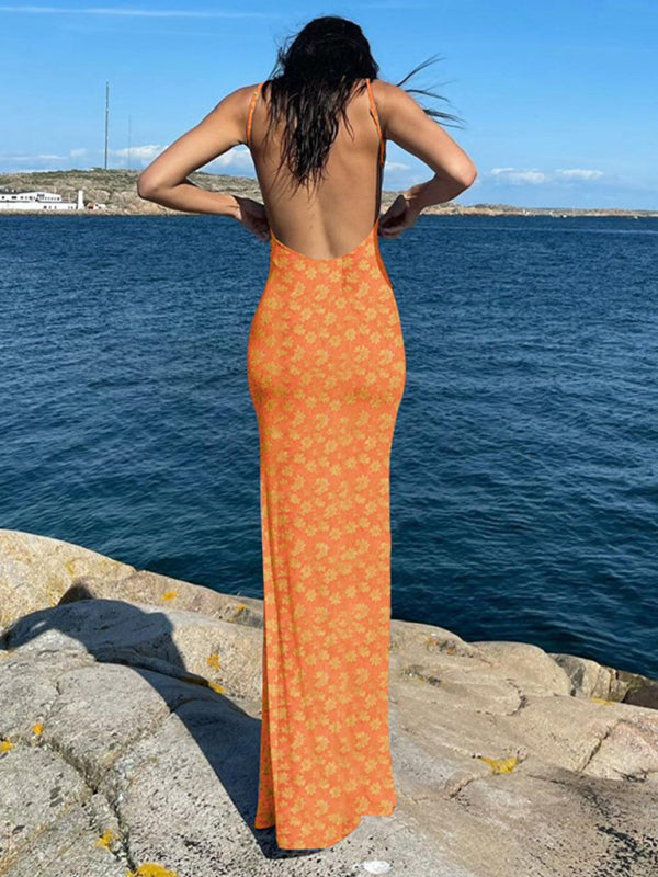 slim fit backless spaghetti strap floral skirt BLUE ZONE PLANET
