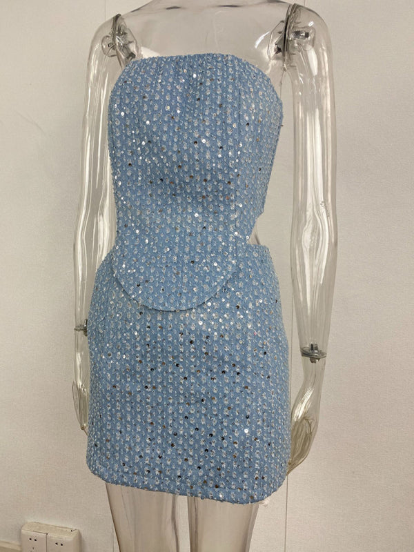 Blue Zone Planet | denim sequined slim tube top + skirt suit BLUE ZONE PLANET