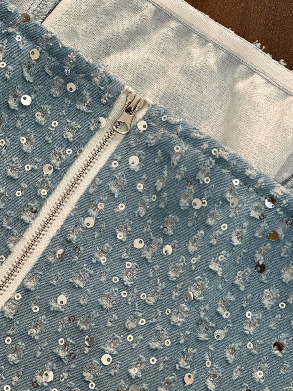 Blue Zone Planet | Denim Sequined Slim Fit Tube Top BLUE ZONE PLANET