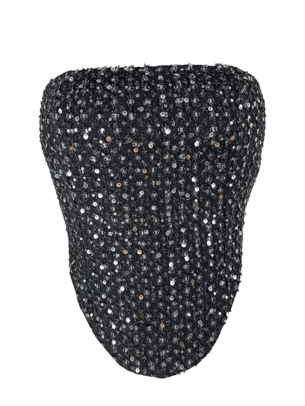 Blue Zone Planet | Denim Sequined Slim Fit Tube Top BLUE ZONE PLANET