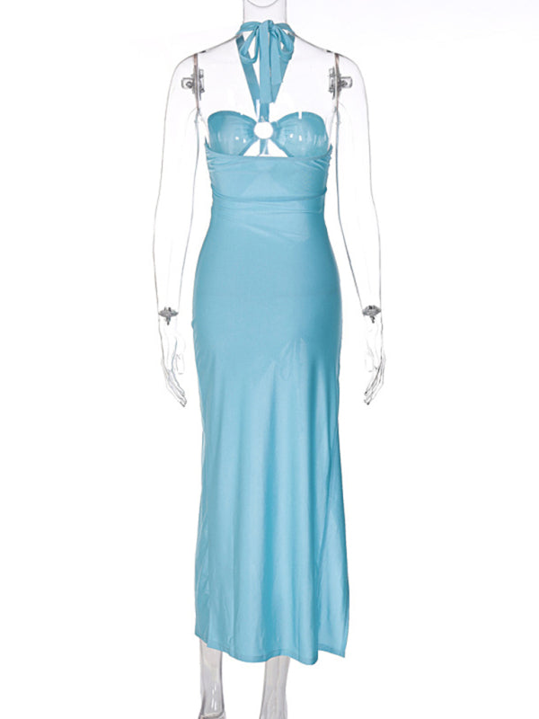 Blue Zone Planet | solid color chest-wrapped halterneck lace-up ring-connected hollow slit dress BLUE ZONE PLANET