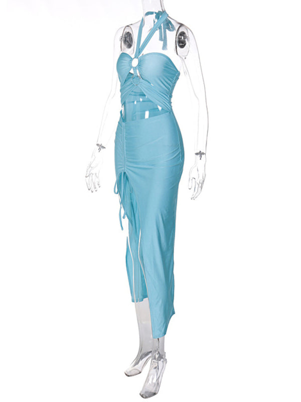 Blue Zone Planet | solid color chest-wrapped halterneck lace-up ring-connected hollow slit dress BLUE ZONE PLANET