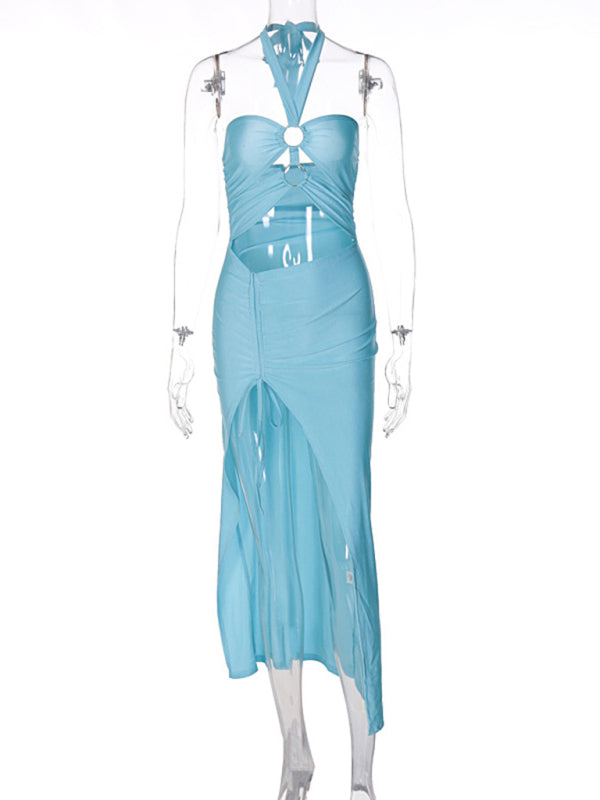 Blue Zone Planet | solid color chest-wrapped halterneck lace-up ring-connected hollow slit dress BLUE ZONE PLANET