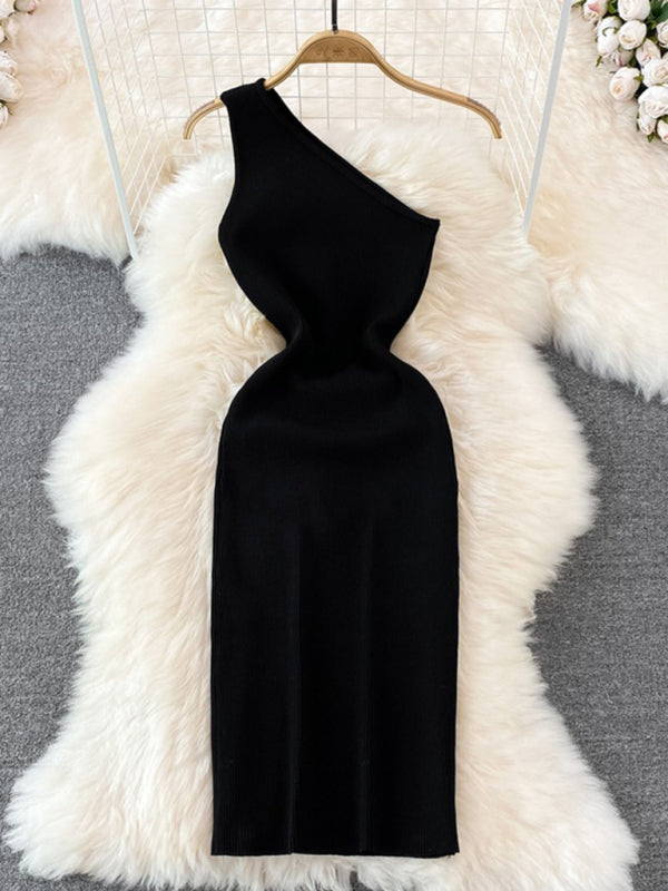 Blue Zone Planet | able slanted shoulder solid color slim elastic slim fit hip-hugging knitted dress kakaclo