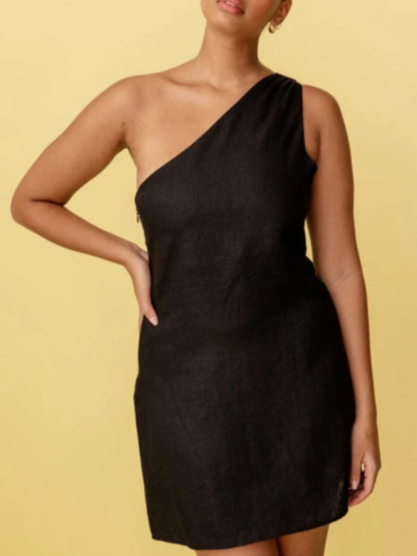 Blue Zone Planet | casual solid color slant shoulder dress kakaclo