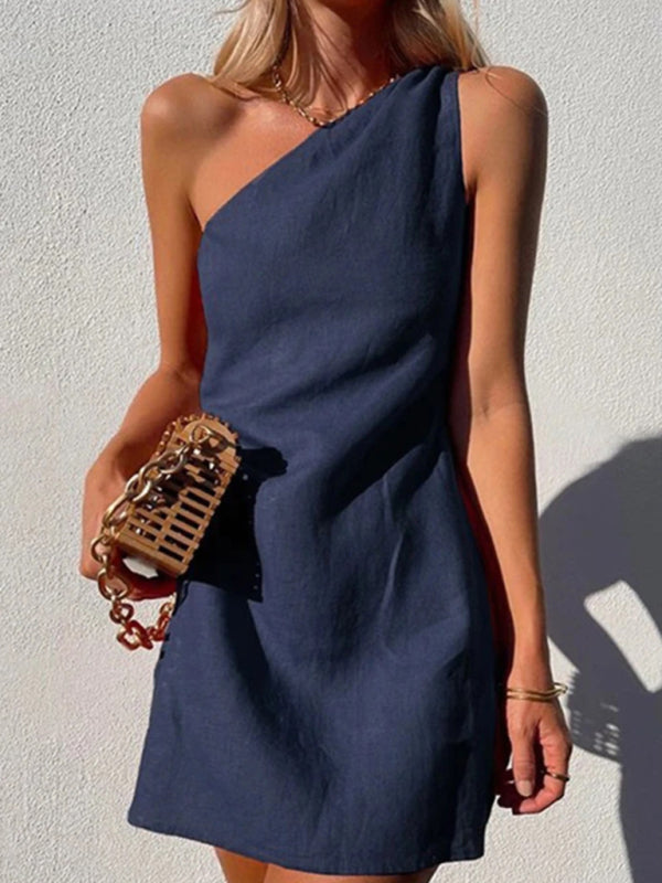 Blue Zone Planet | casual solid color slant shoulder dress kakaclo