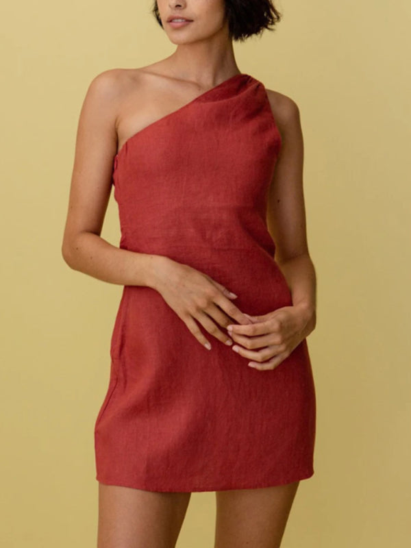 Blue Zone Planet | casual solid color slant shoulder dress kakaclo