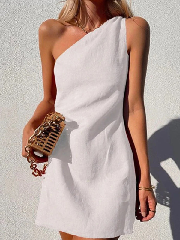 Blue Zone Planet | casual solid color slant shoulder dress kakaclo