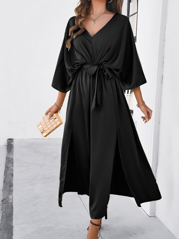 V-Neck Side Slit Bow Waist Tie Loose Midi dress BLUE ZONE PLANET