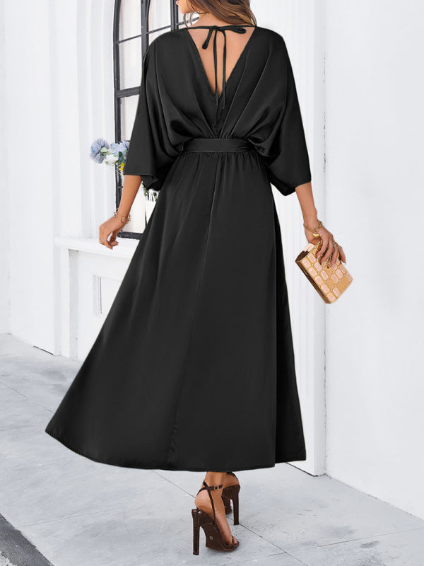 V-Neck Side Slit Bow Waist Tie Loose Midi dress BLUE ZONE PLANET