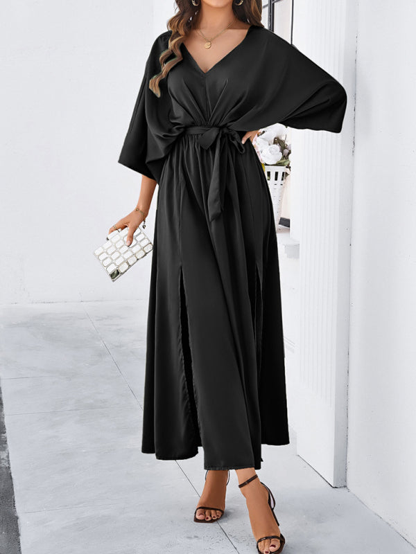 V-Neck Side Slit Bow Waist Tie Loose Midi dress BLUE ZONE PLANET
