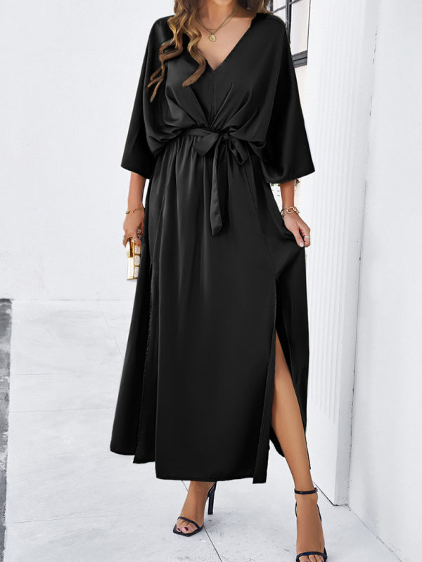 V-Neck Side Slit Bow Waist Tie Loose Midi dress BLUE ZONE PLANET