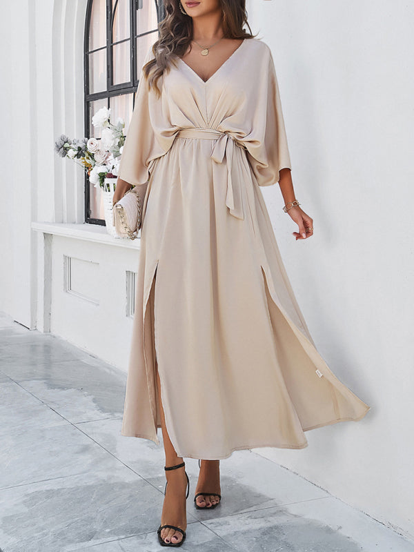 V-Neck Side Slit Bow Waist Tie Loose Midi dress BLUE ZONE PLANET