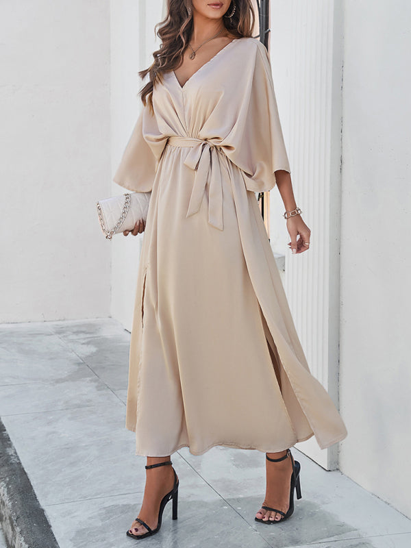 V-Neck Side Slit Bow Waist Tie Loose Midi dress BLUE ZONE PLANET