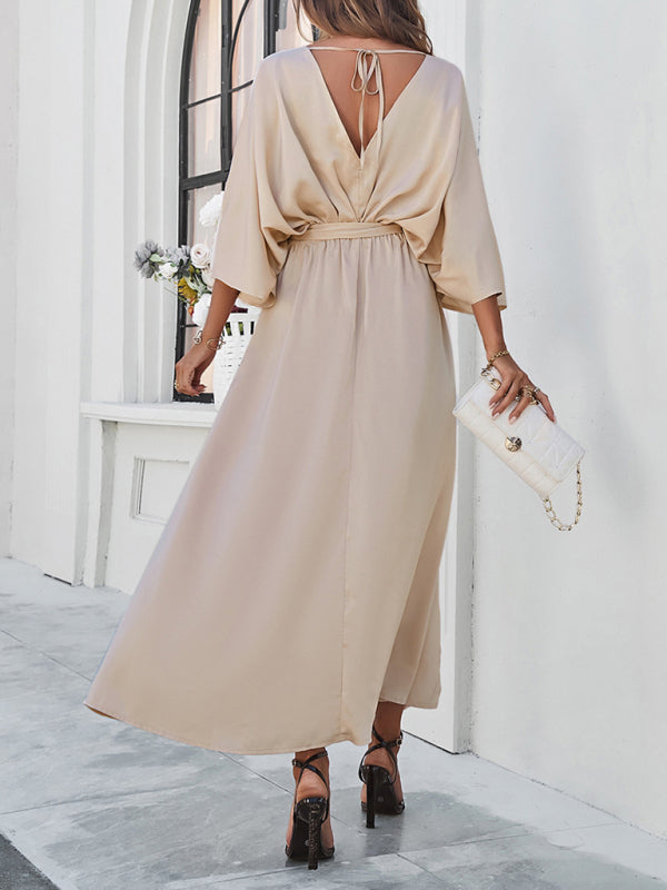 V-Neck Side Slit Bow Waist Tie Loose Midi dress BLUE ZONE PLANET