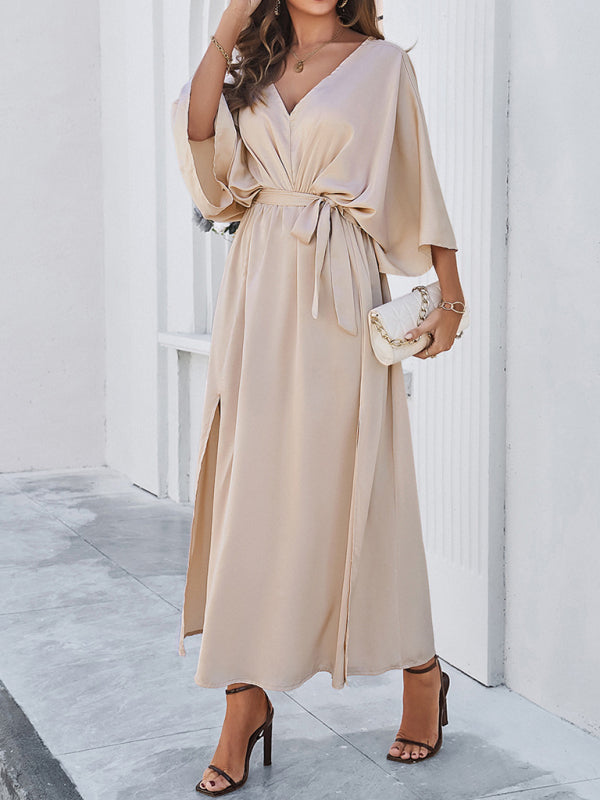 V-Neck Side Slit Bow Waist Tie Loose Midi dress BLUE ZONE PLANET
