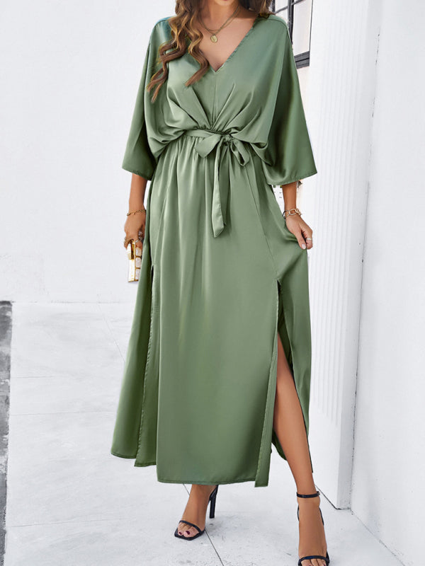 V-Neck Side Slit Bow Waist Tie Loose Midi dress BLUE ZONE PLANET