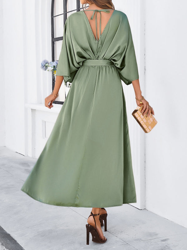 V-Neck Side Slit Bow Waist Tie Loose Midi dress BLUE ZONE PLANET