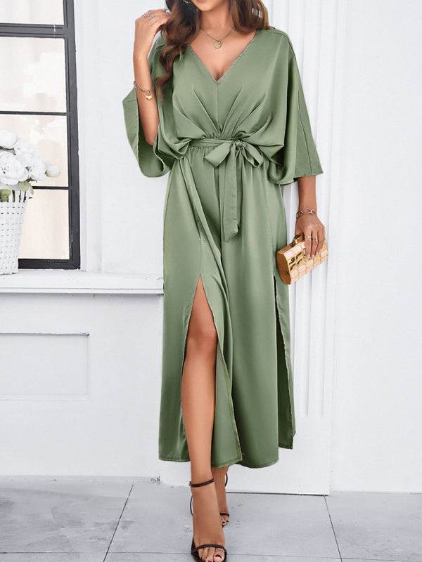V-Neck Side Slit Bow Waist Tie Loose Midi dress BLUE ZONE PLANET