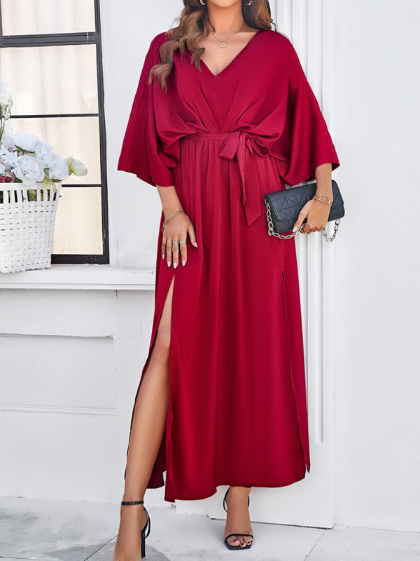 V-Neck Side Slit Bow Waist Tie Loose Midi dress BLUE ZONE PLANET