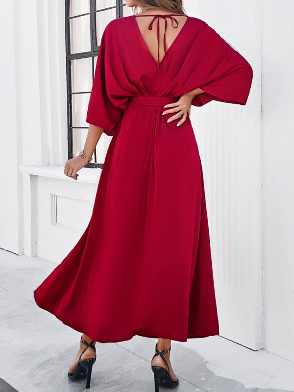 V-Neck Side Slit Bow Waist Tie Loose Midi dress BLUE ZONE PLANET
