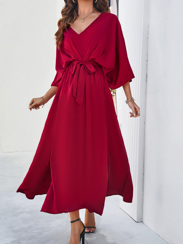 V-Neck Side Slit Bow Waist Tie Loose Midi dress BLUE ZONE PLANET