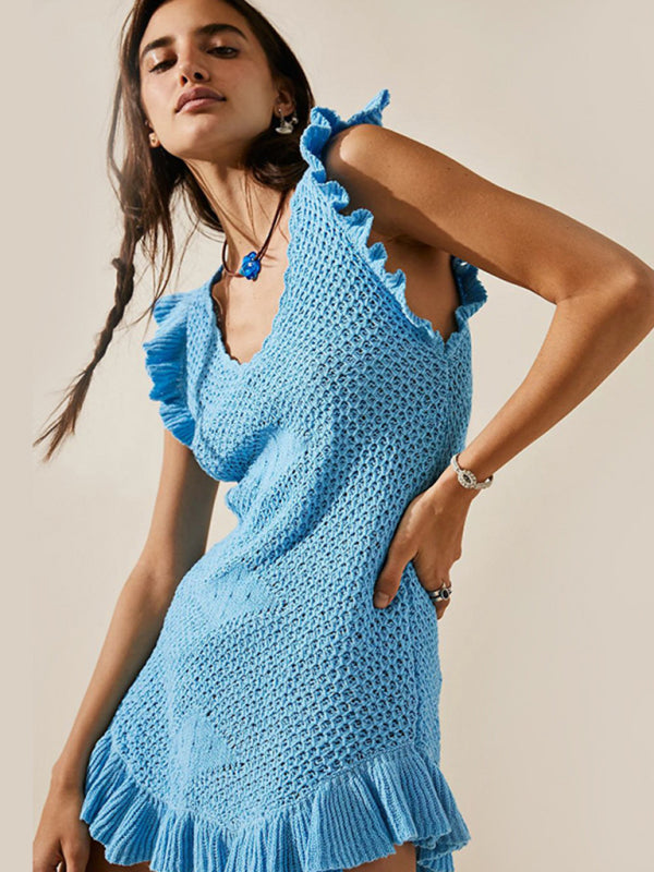 Blue Zone Planet | Solid color slimming ear-sleeved mid-waist ruffle dress BLUE ZONE PLANET