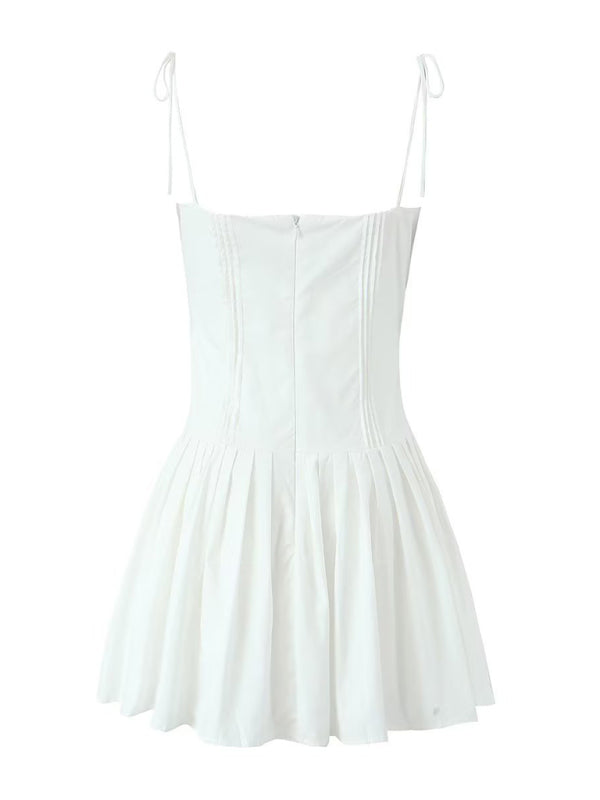 Blue Zone Planet | Solid Color Backless Spaghetti Strap Pleated Short Dress BLUE ZONE PLANET